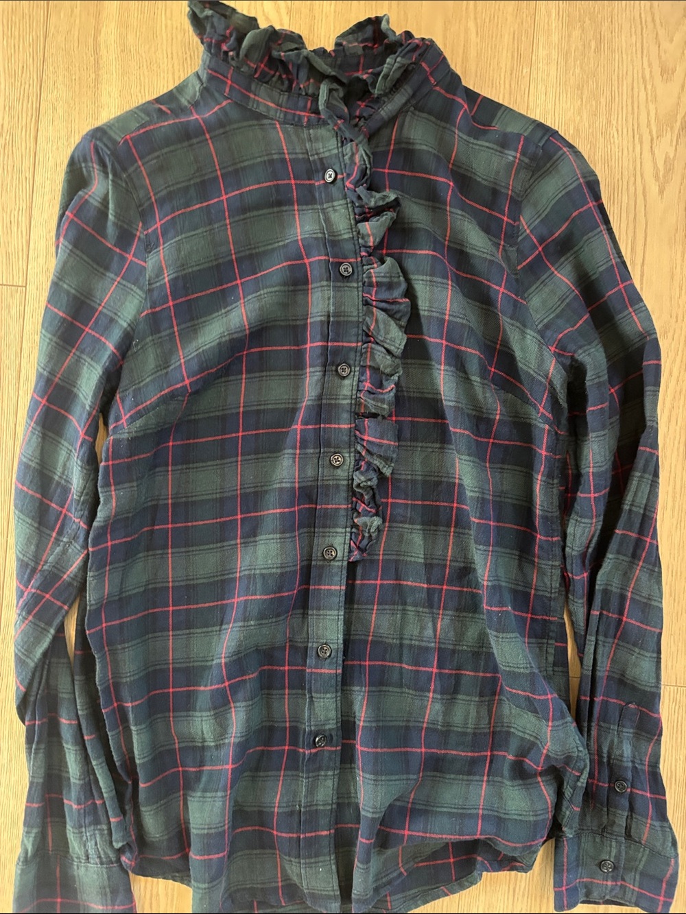 GAP Navy, Green & Red Plaid Ruffle-Front Button Shirt